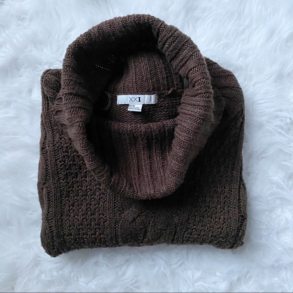 Brown Sweater Cableknit Turtleneck Long Sleeve
